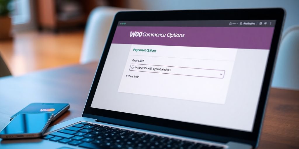 Laptop screen showing WooCommerce payment methods setup.