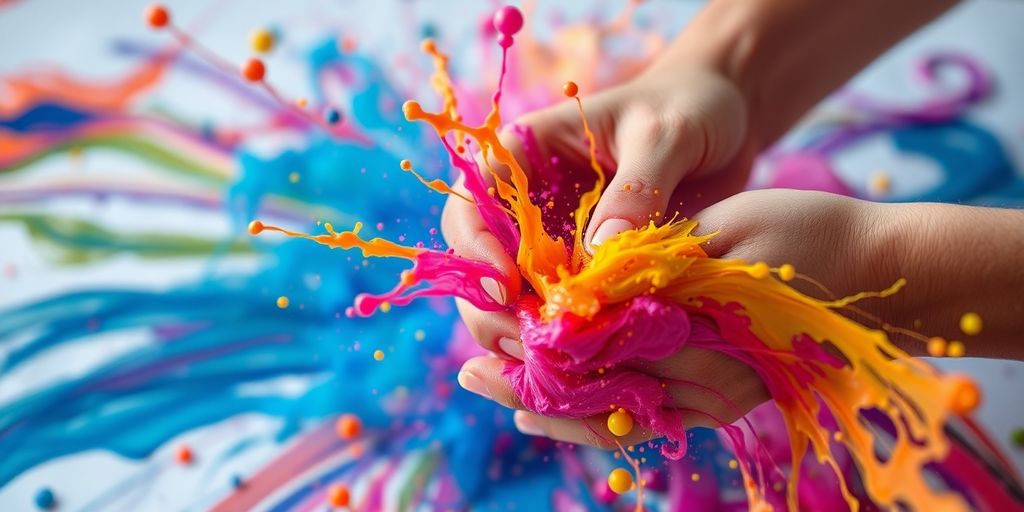 A person actively creating something with vibrant colors.