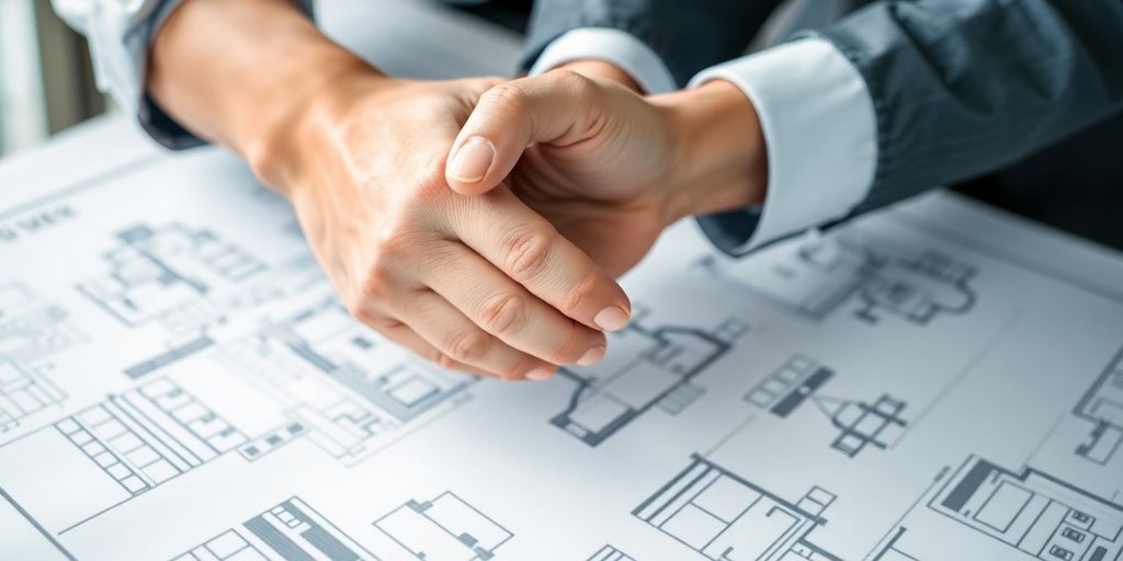 Handshake over a property blueprint.