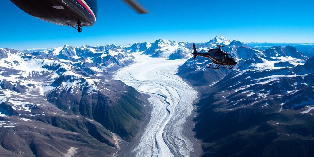 A helicopter flying over a vast Alaskan glacier and mountains.