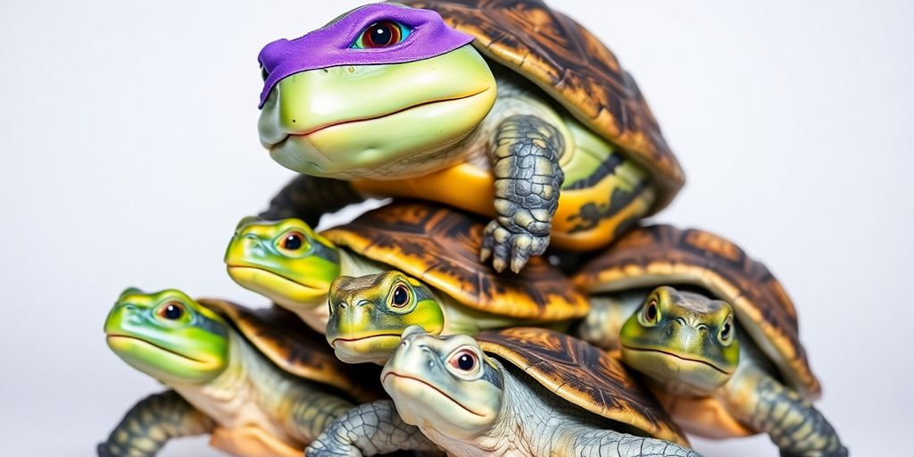 Four vibrant turtles stacked, one wearing a purple mask.