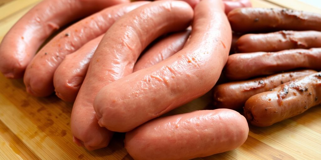 Saucisses et merguez de volaille crues sur une planche à découper.