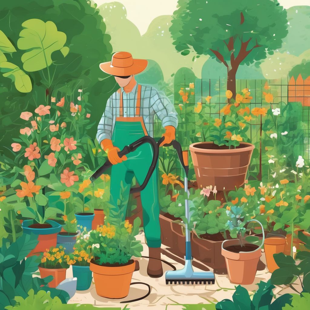 gardener fertilizing plants in a lush garden with various garden care tools