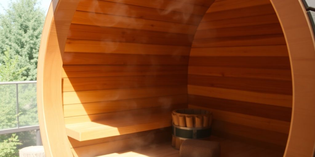 Wooden barrel sauna exterior with steam rising.