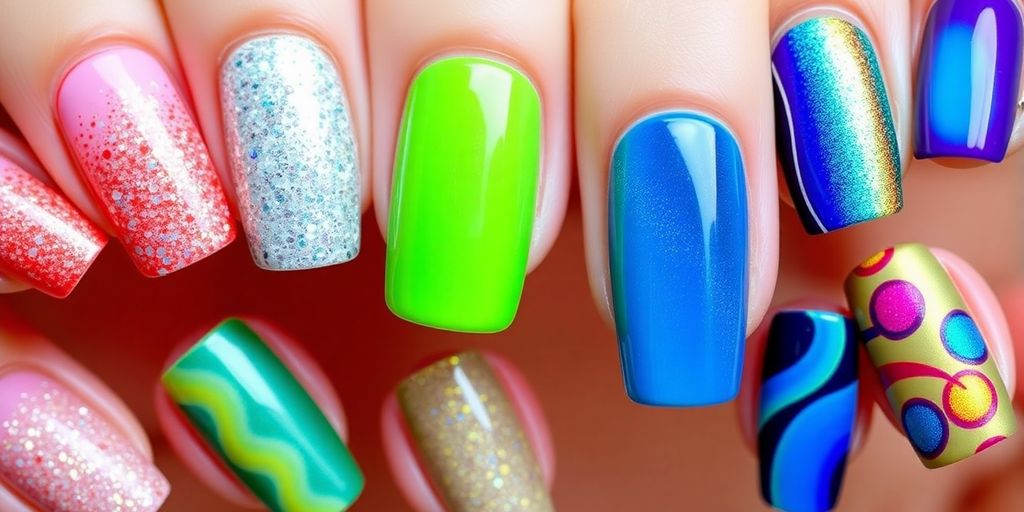 Unhas decoradas com efeitos especiais e padrões coloridos.