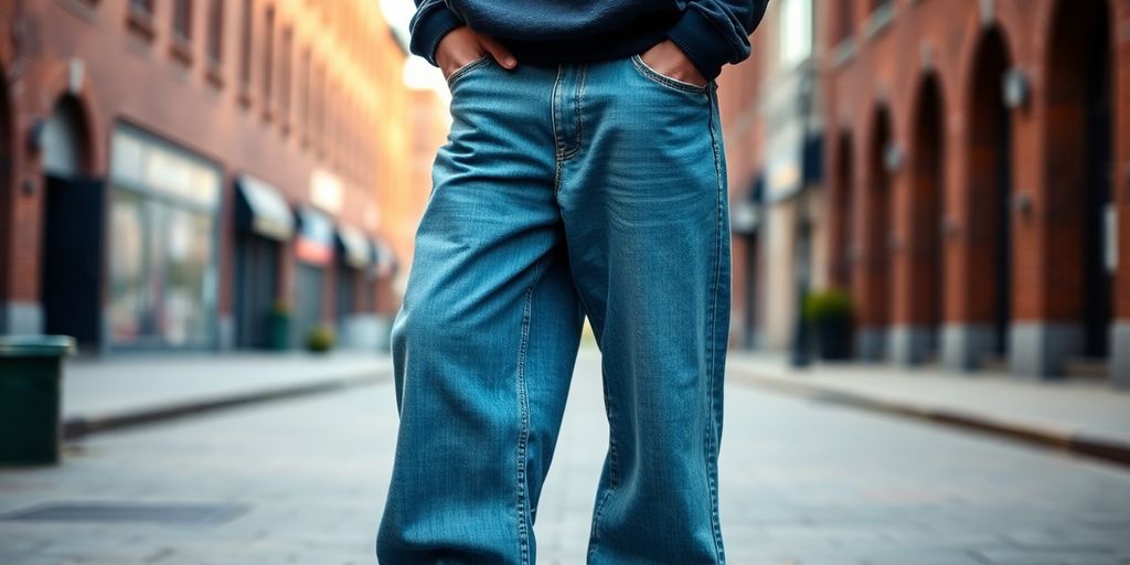 Person in baggy jeans, oversized hoodie, sneakers.