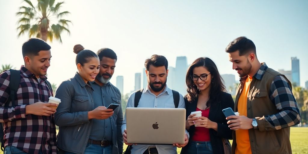 Job seekers with laptop and phones in Los Angeles park