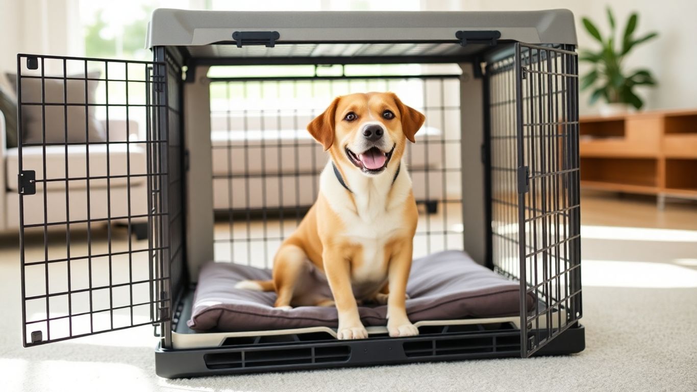 Happy dog in cosy modern crate indoors
