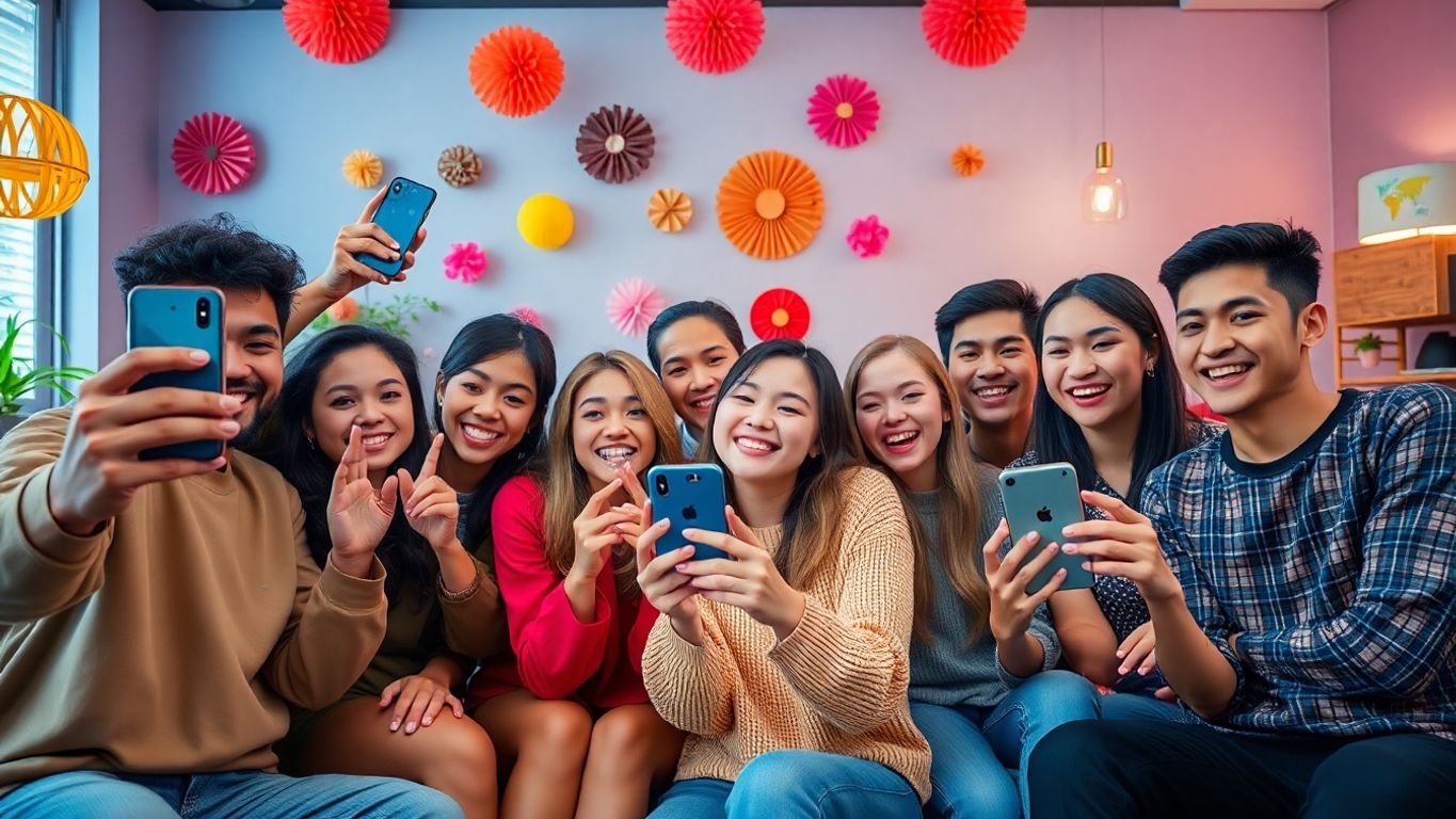 Youthful group filming TikTok content in a lively setting.
