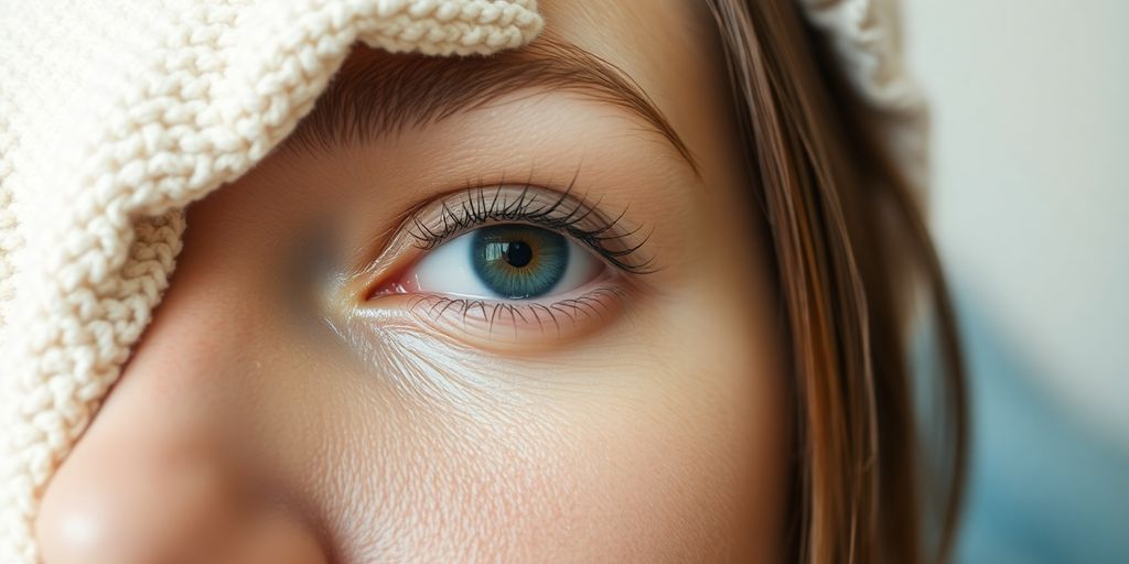 Woman gently cleansing her eyes with a warm compress.