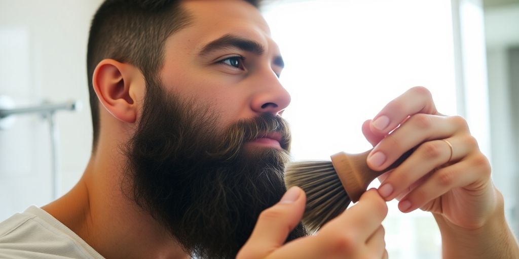 Man brushing his beard with a wooden brush.