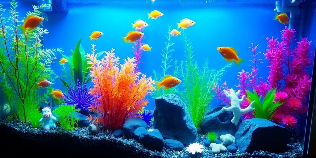 Colorful fish tank with plants and decorative stones.
