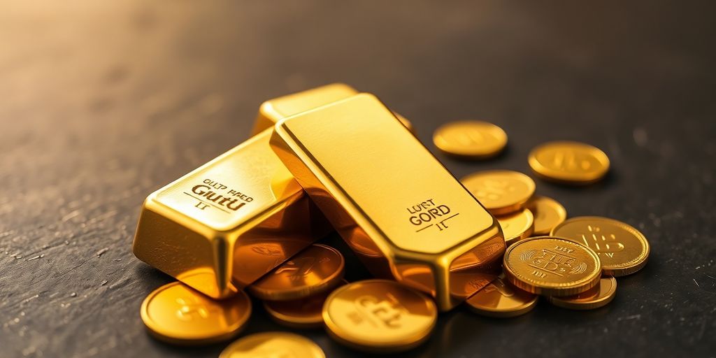 Lingots d'or brillants et pièces d'or sur fond sombre