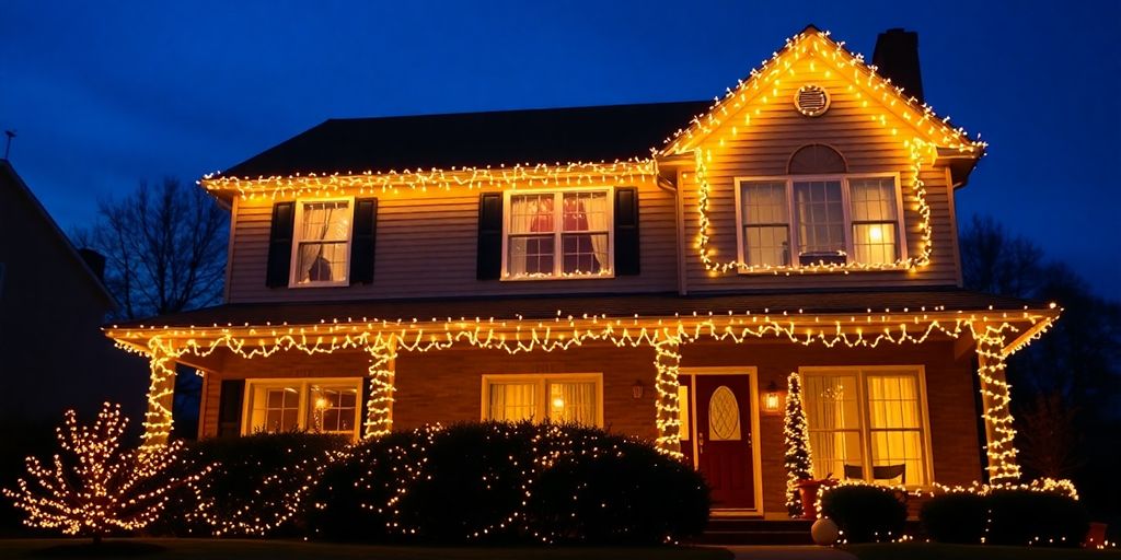 Decorated home exterior, Christmas lights