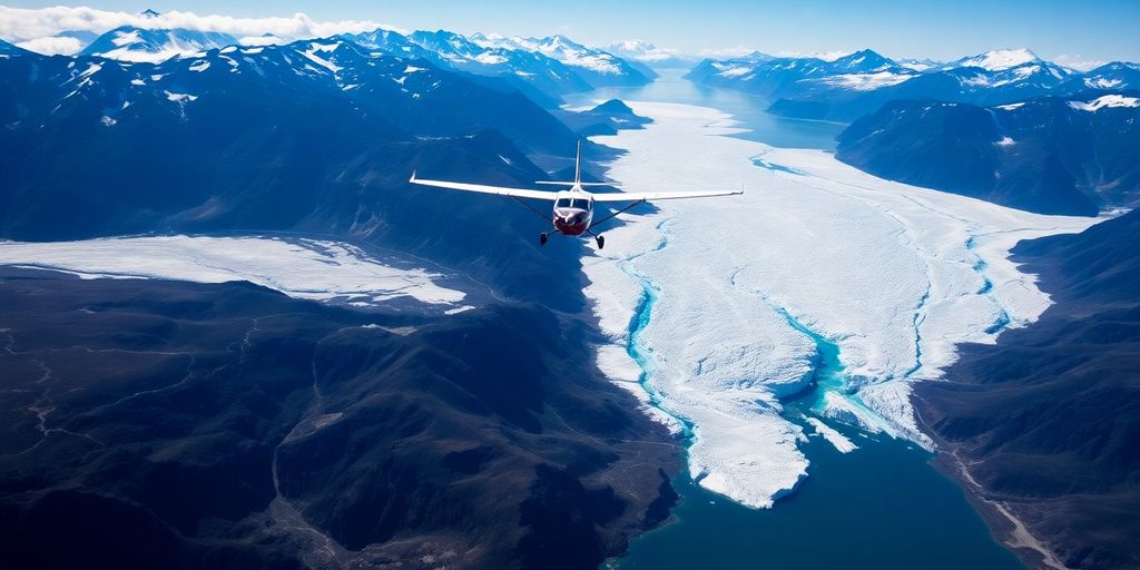 An airplane flies over massive Alaskan glaciers and deep fjords.