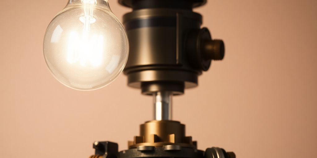 Lightbulb glowing above a complex machine.