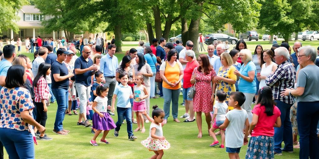 Diverse community gathering in a colorful park.