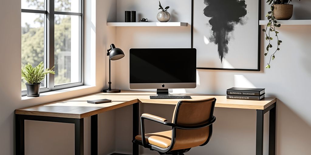 Modern workspace with a desk, computer, chair, and decor.