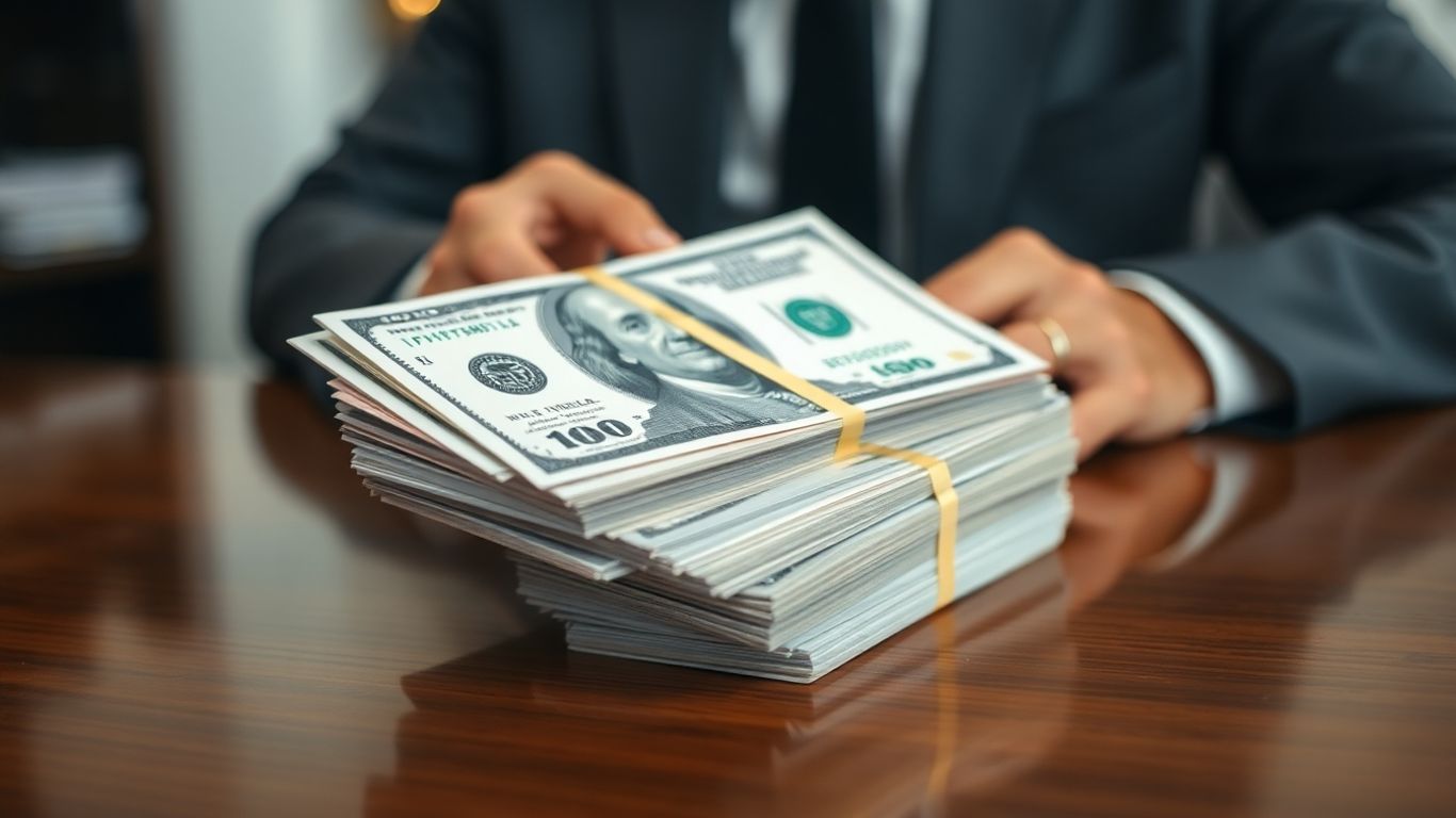 Stacks of cash on table with anonymous suited person