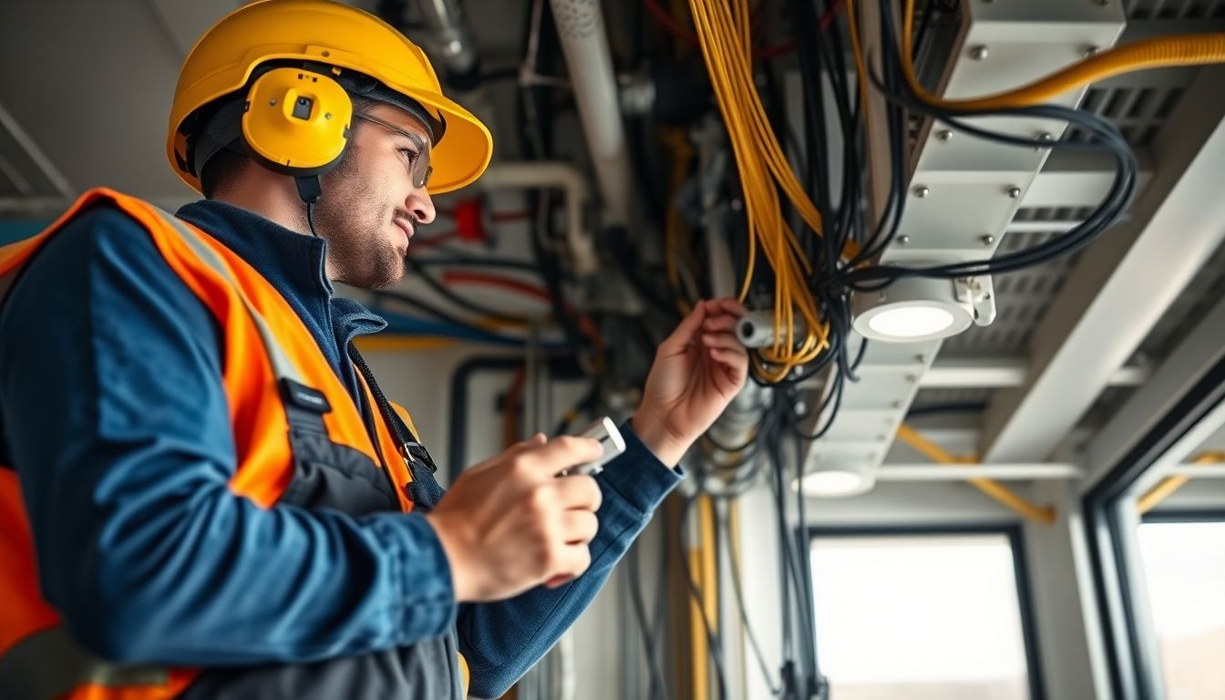 Electrician working on commercial electrical systems in London.