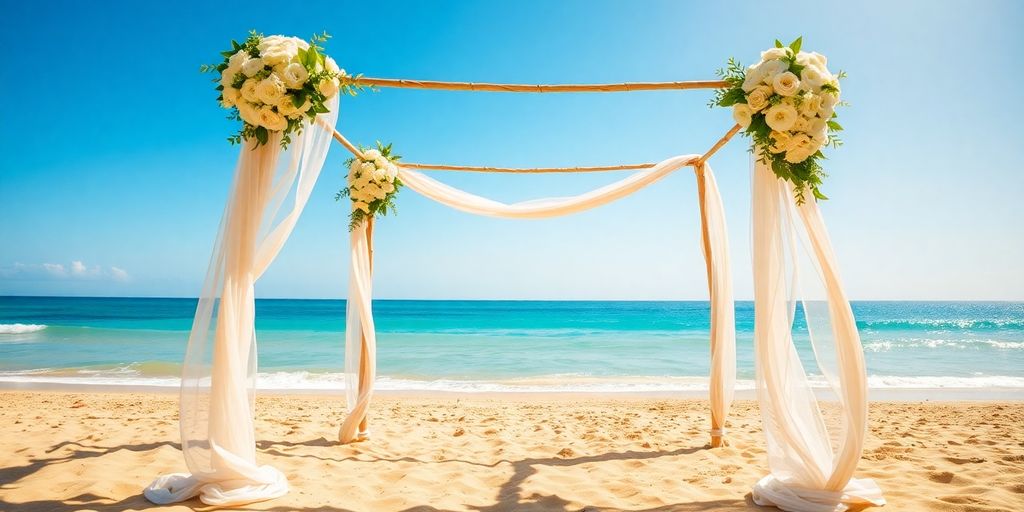 Beach wedding ceremony with arch and Pacific Ocean.