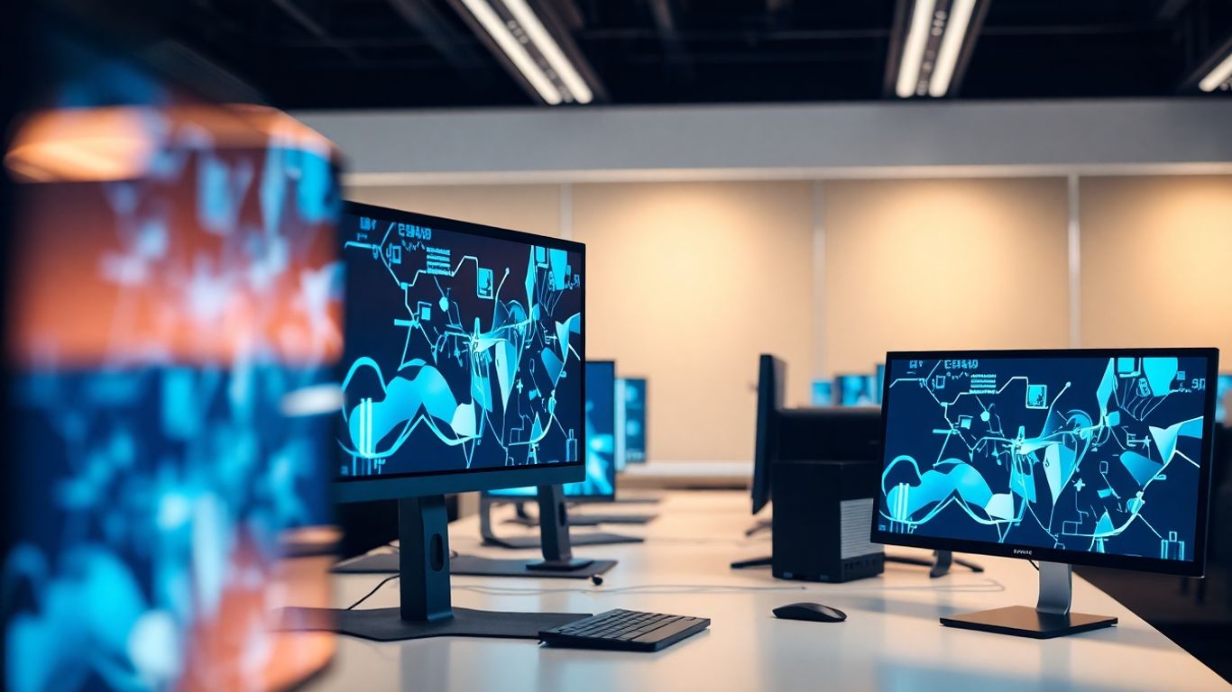 Computer monitors displaying digital interfaces in an office.