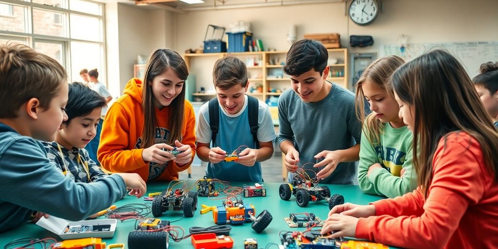 Teens assembling robots in an engaging workshop environment.