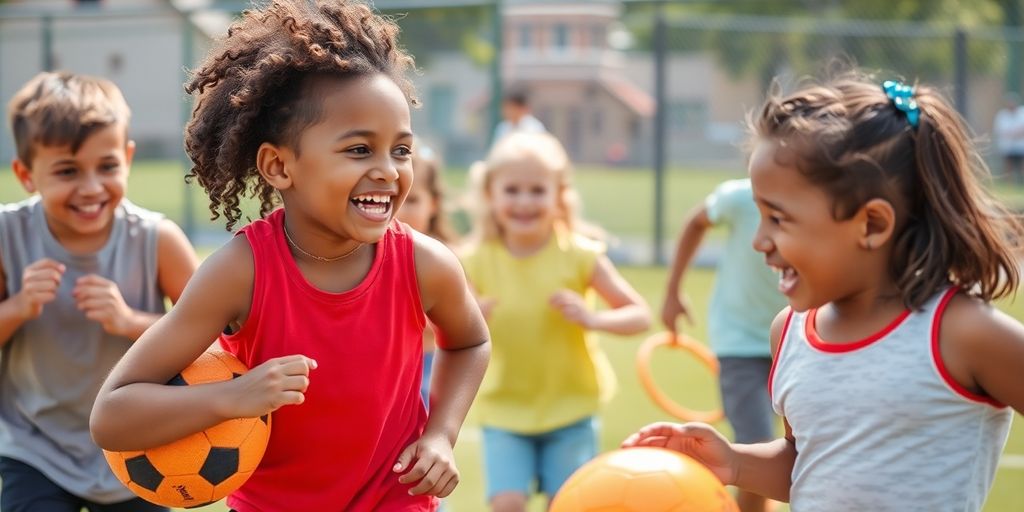 Children playing sports with laughter and joy outdoors.
