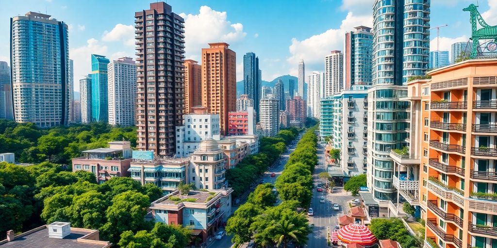 Cityscape of Shenzhen with modern skyscrapers and greenery.