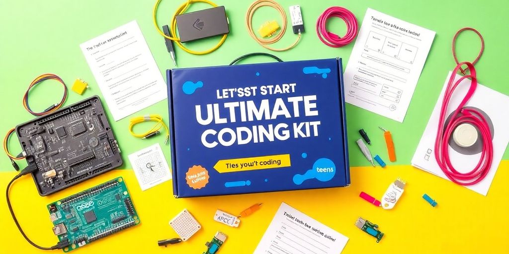 Flat lay of the Let's Start Coding Kit components.