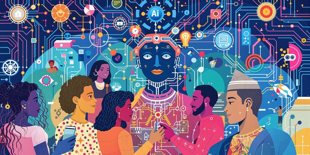 Diverse individuals engaging with AI technology in harmony.