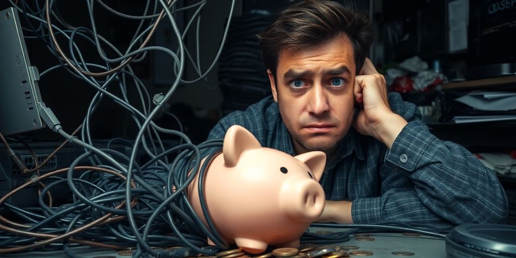Tangled web, broken piggy bank, frustrated person.