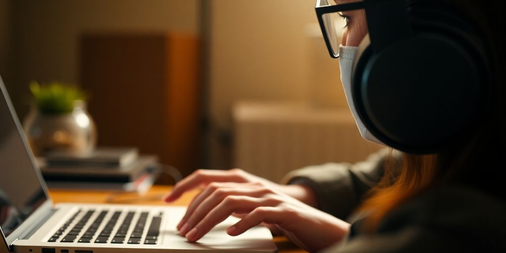 Person with headphones typing on laptop, relaxed.
