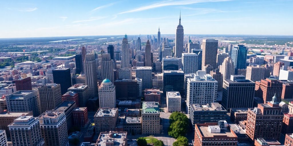 Aerial view of major American city skylines.