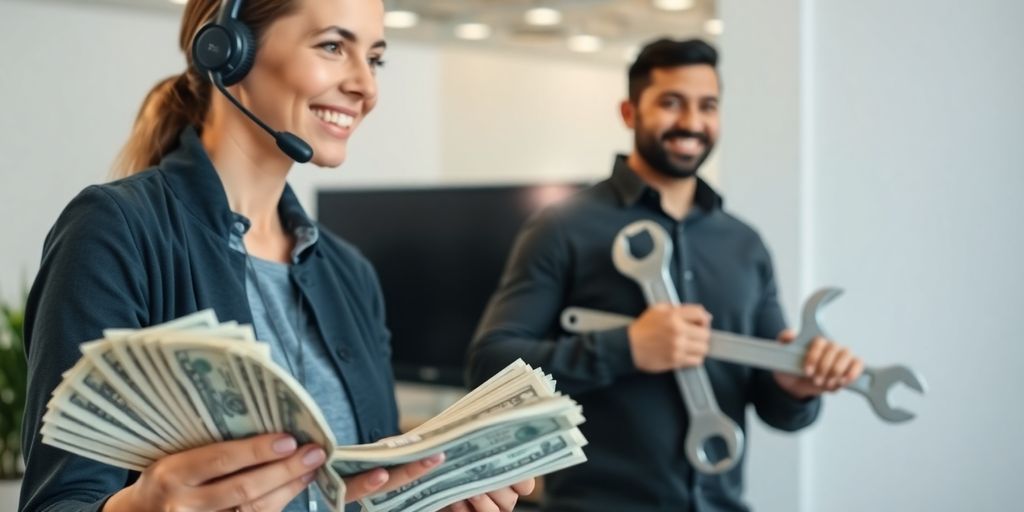 Person holding cash, person holding wrench