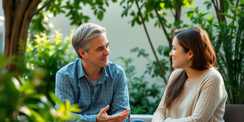 Two people listening intently in a tranquil natural setting.
