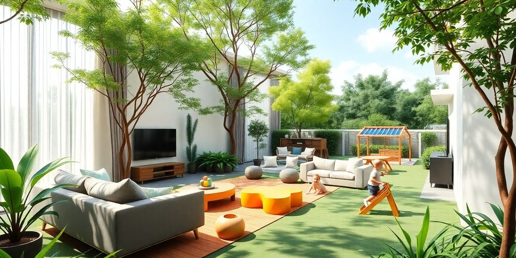 Family-friendly serviced apartment with greenery and modern architecture.