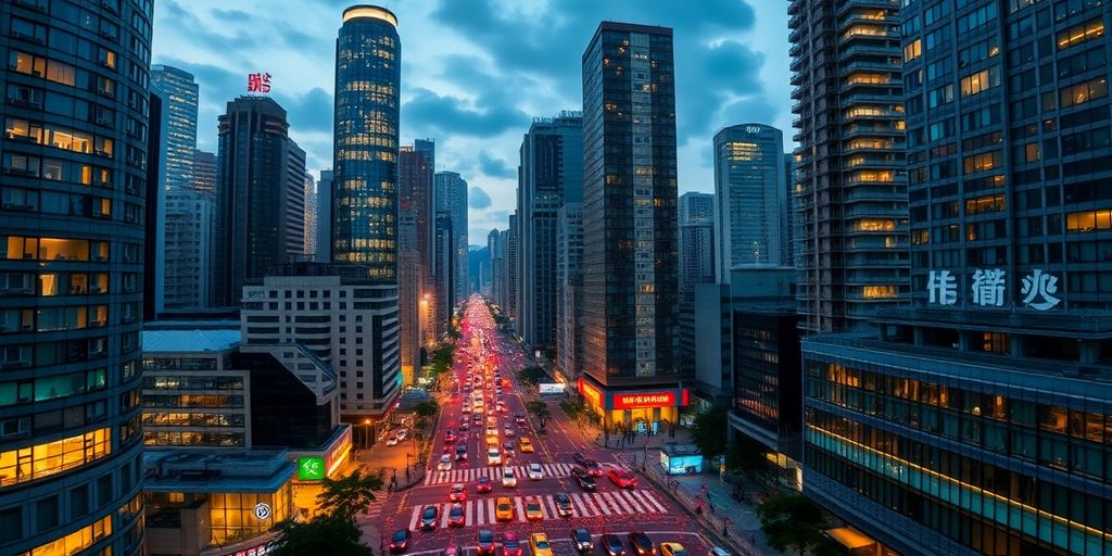 Bustling Central Hong Kong street scene at dusk.