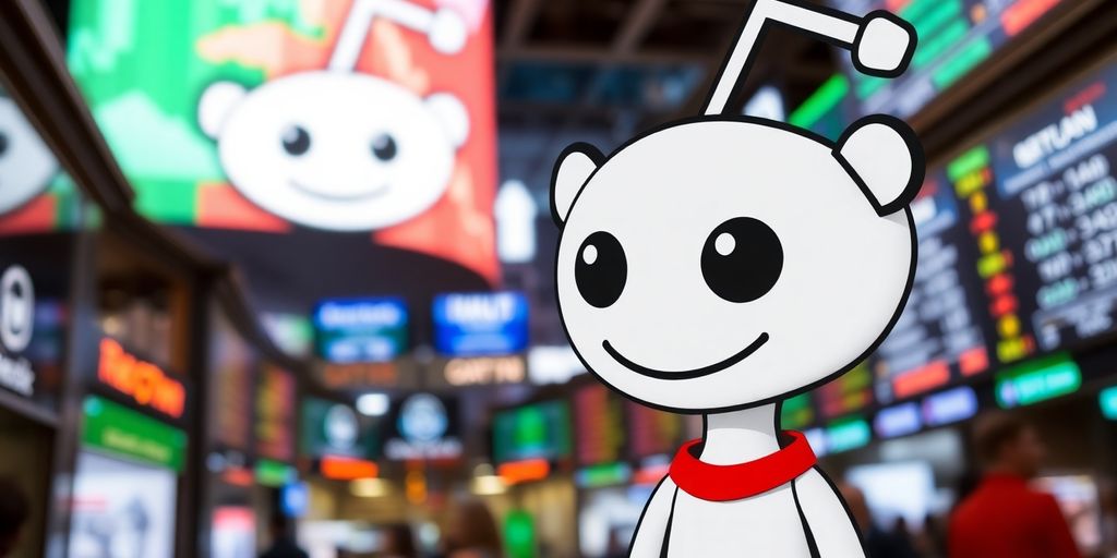 Reddit logo with stock market background.