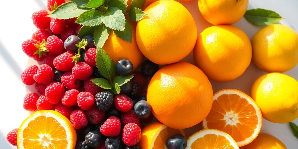 Fresh berries and citrus fruits with a subtle glow.