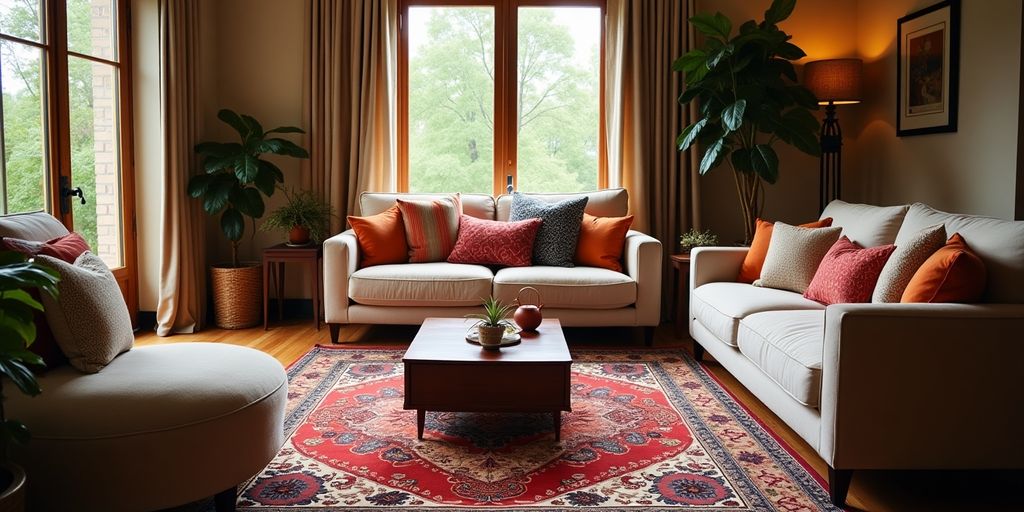 Cozy living room with vibrant area rug and furniture.