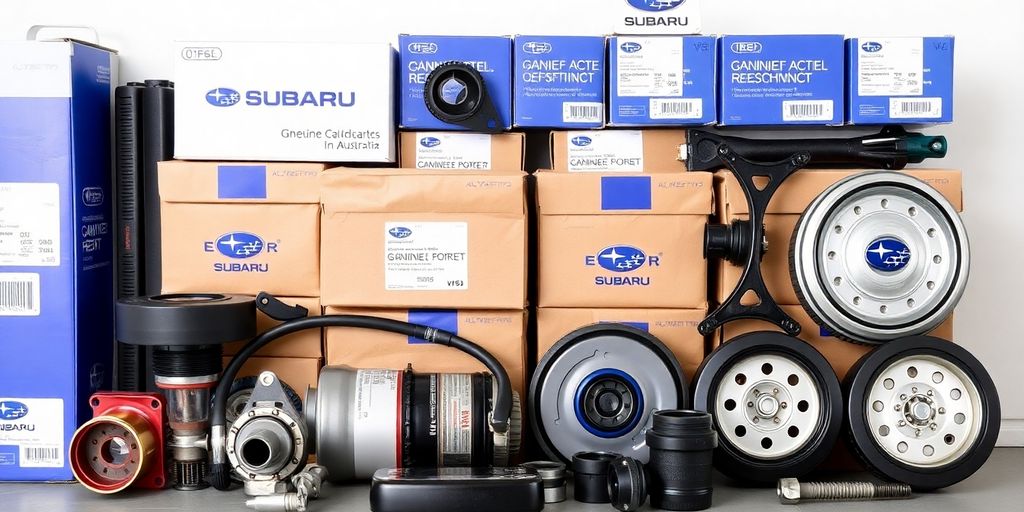 Subaru car parts laid out neatly.