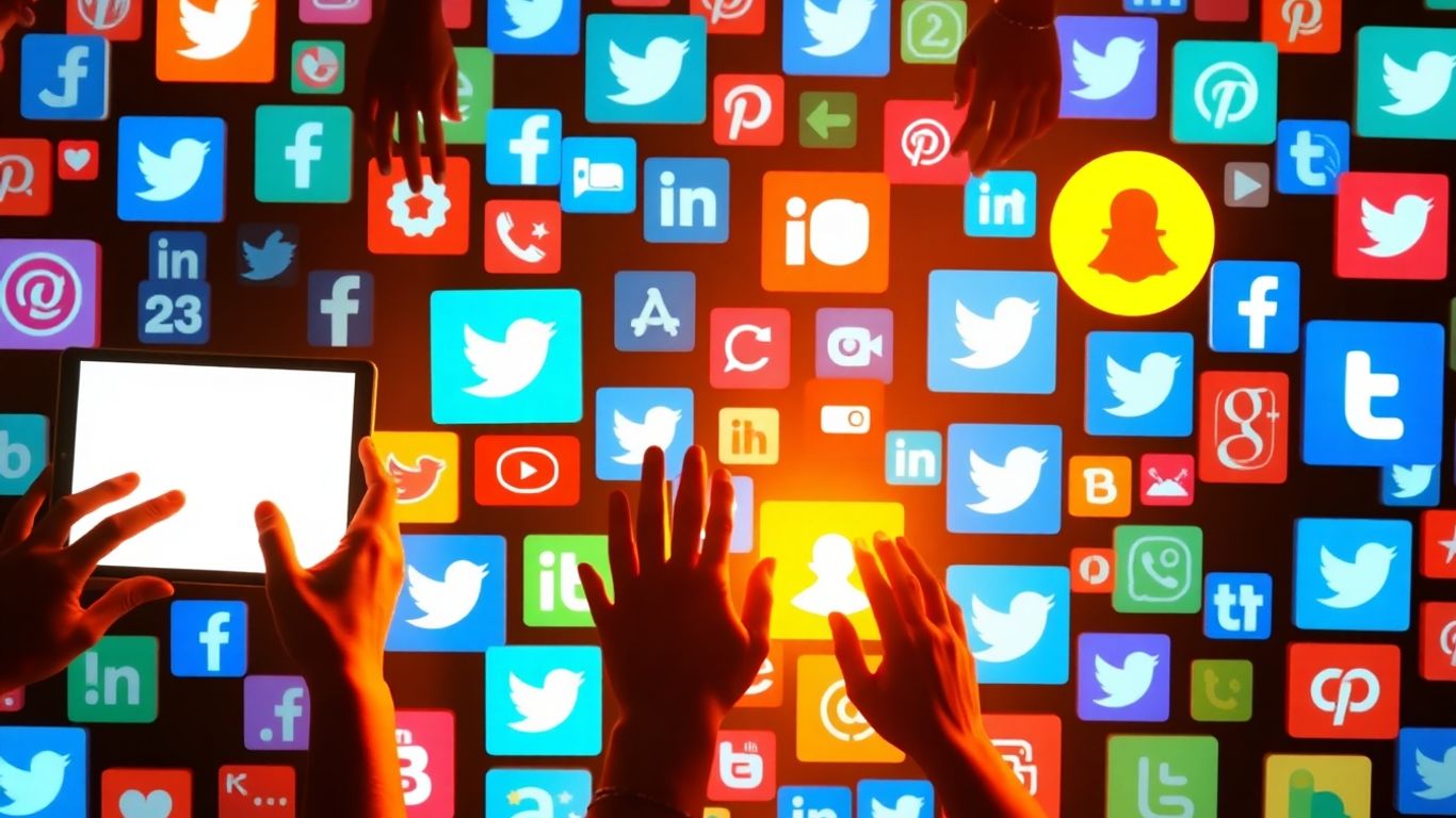 Social media icons and platform logos with interacting hands.