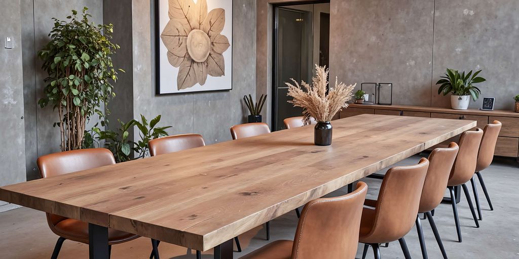 Modern meeting room with long wooden table and stylish chairs.