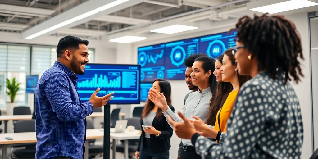 Diverse professionals collaborating in a modern AI-driven office.