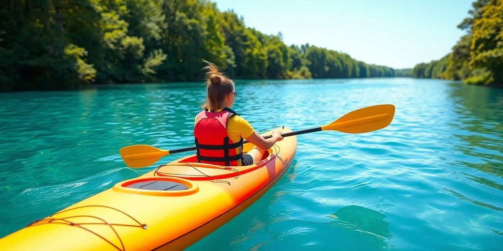 Beginner kayaker paddling on calm water.