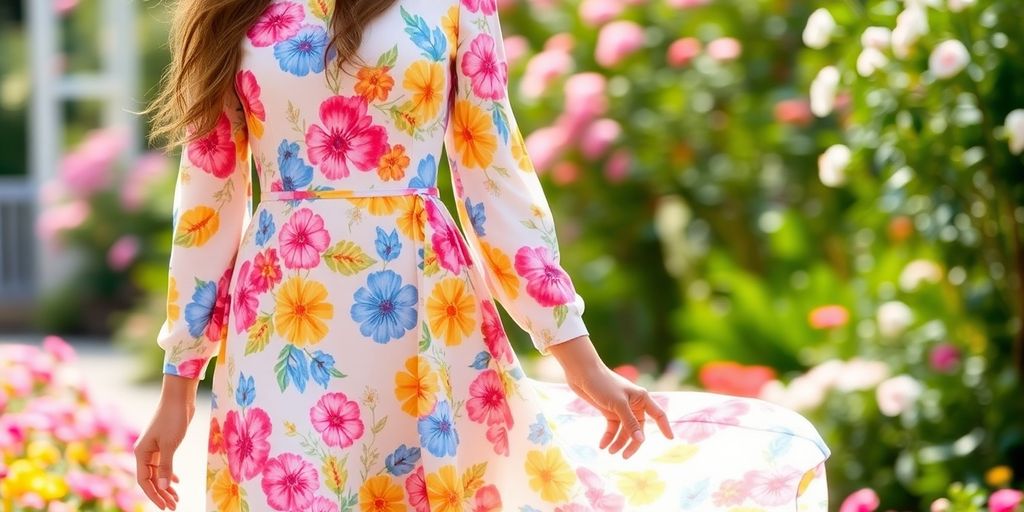 Spring wedding guest dress with sleeves in floral print.