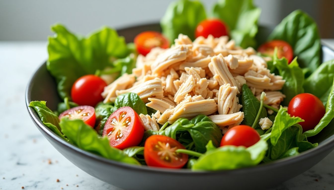Low calorie chicken salad with fresh vegetables and dressing.