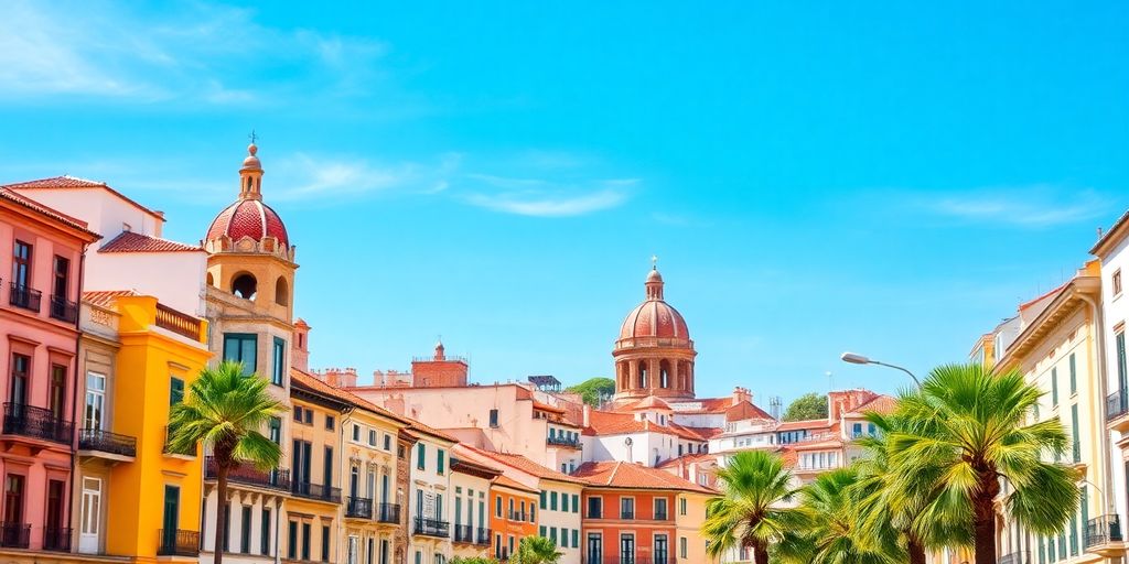 Spanish city skyline with traditional architecture and palm trees.
