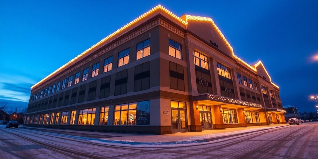 Commercial building covered in vibrant Christmas lights